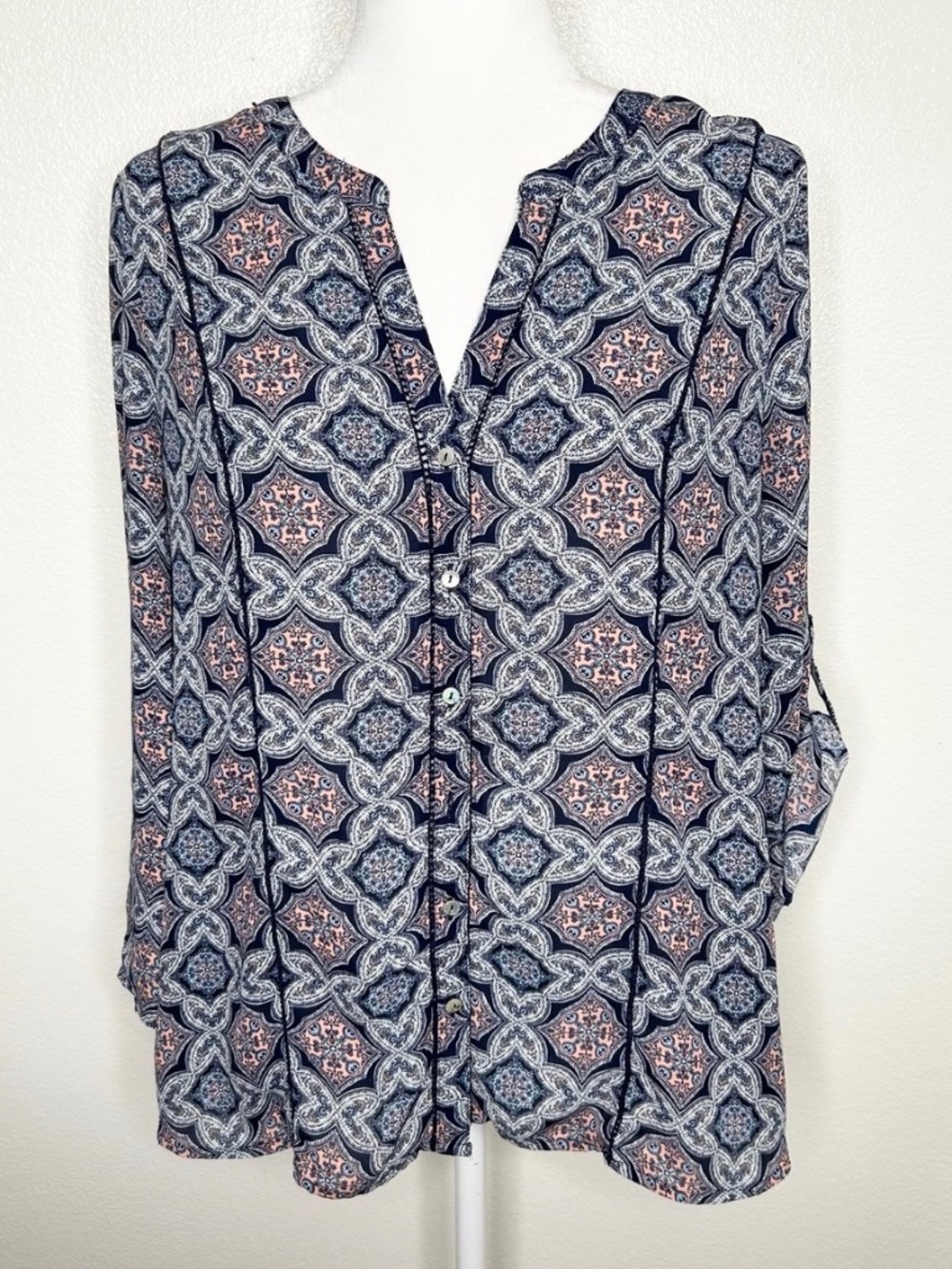 DR2 By Daniel Rainn Womens Blue Patterned Long Sleeve Button Up Top Size L EUC